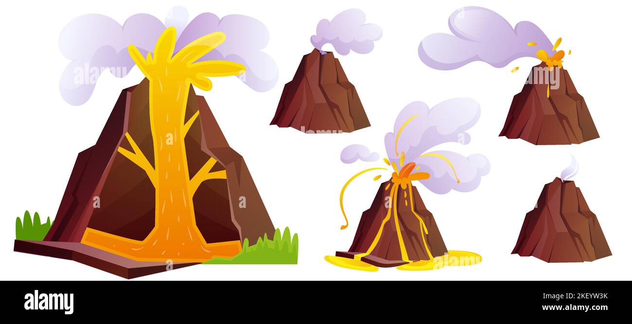 Vector Cartoon Satz von Vulkanausbrüchen Stadien. Natürlicher Vulkan bricht mit Asche, Gasen, heißer Lava, Feuer und Rauchwolken aus. Berg felsige Hügel mit Fluss Magma und Krater isoliert auf weißem Hintergrund Stock Vektor