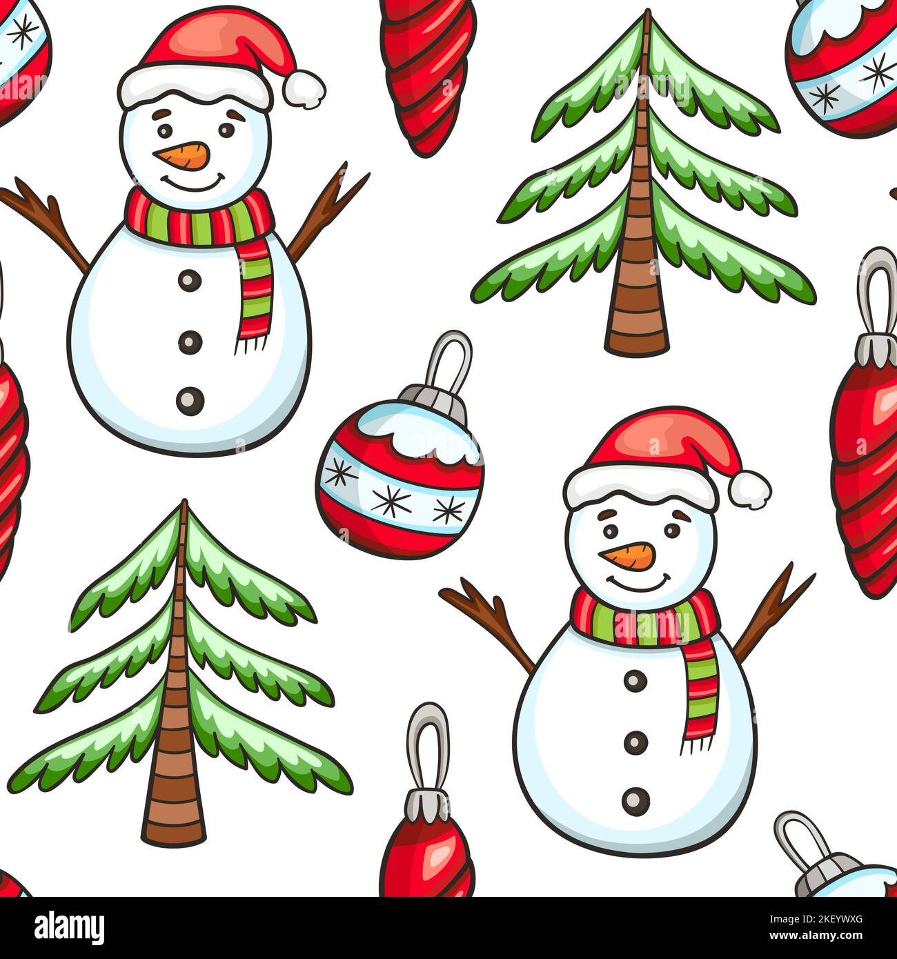 Festliches weihnachtliches nahtloses Muster mit Schneemann- und Weihnachtsschmuck auf weißem Hintergrund. Handgezeichneter Doodle-Hintergrund Stockfoto