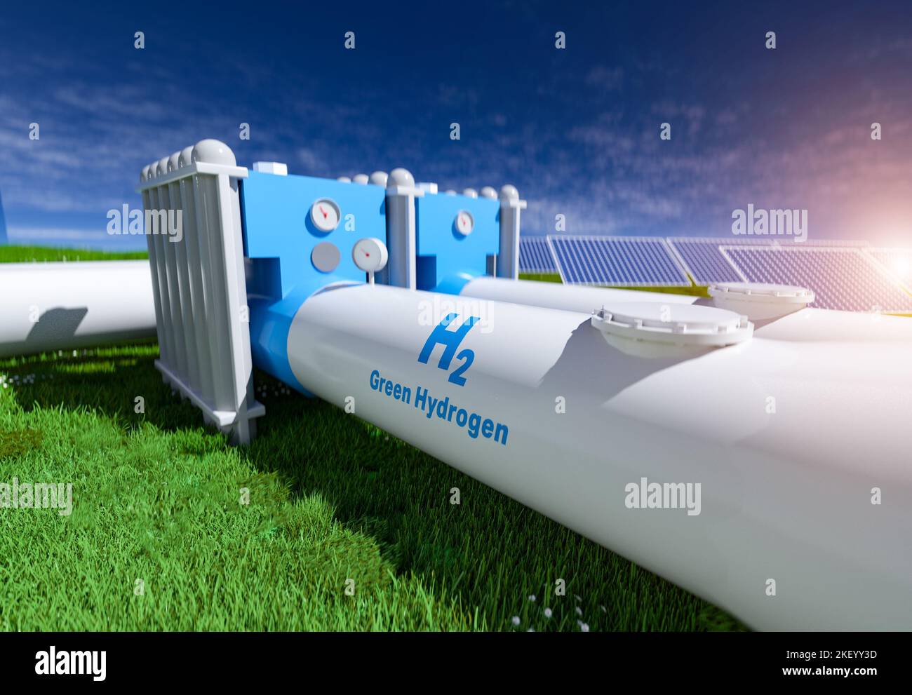 Grüne Pipeline zur Erzeugung erneuerbarer Wasserstoff-Energie - grünes Wasserstoffgas für saubere Elektrizität, Solar- und Windkraftanlage. Stockfoto