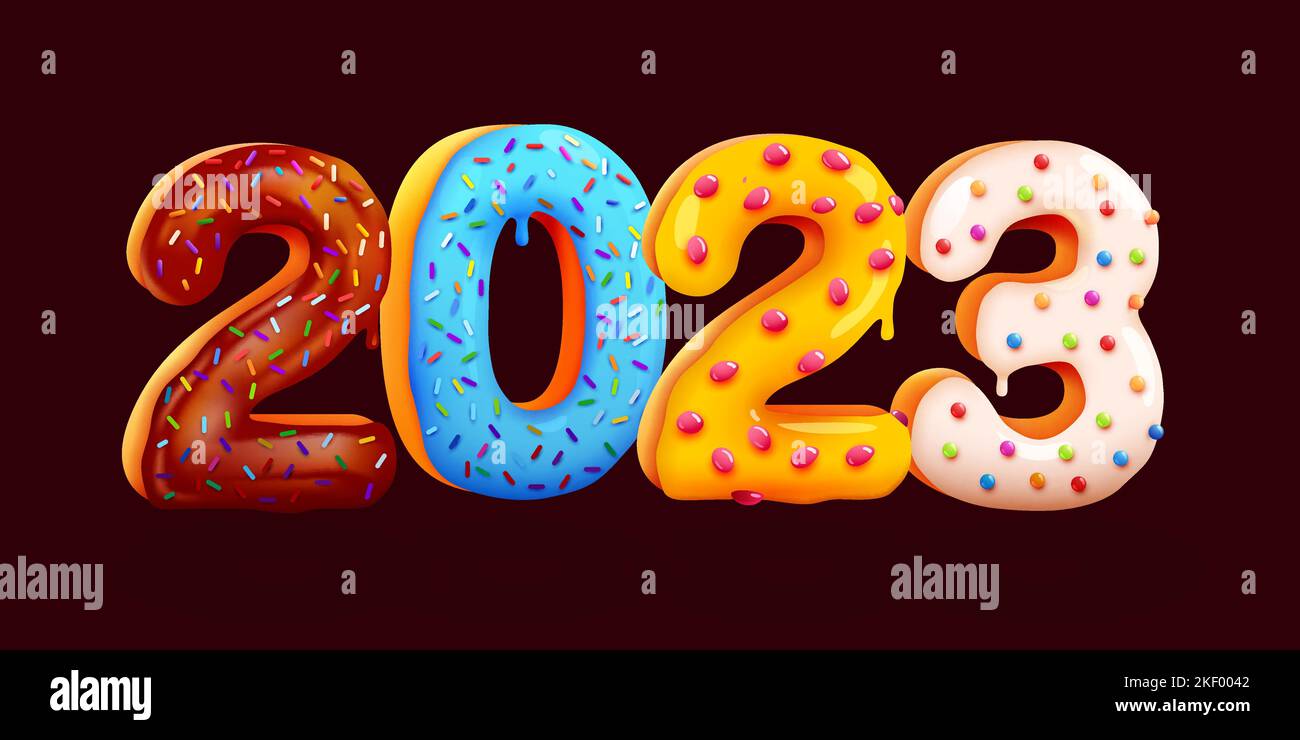 Leckere Grußkarte Frohes Neues Jahr 2023. Bunt glasiert Sweet Numbers. Grußkarte, Banner, Poster. Vektorgrafik Stock Vektor