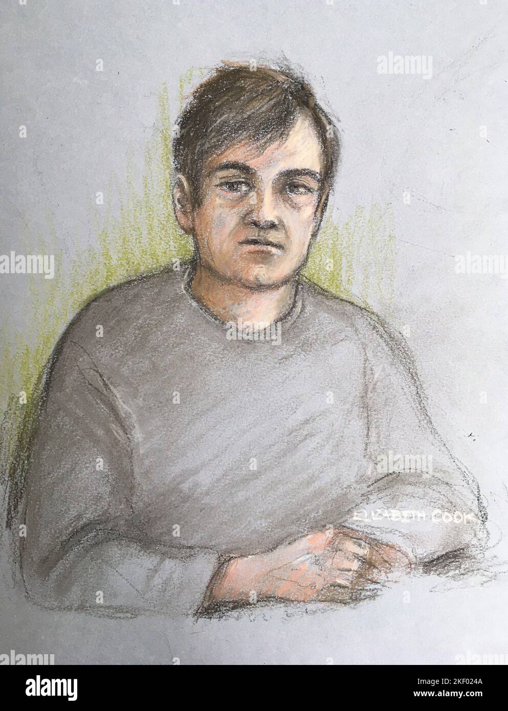 Entwurf eines Gerichtskünstlers von Elizabeth Cook über William Warrington, der sich am Bristol Crown Court wegen verminderter Verantwortung schuldig gemacht hat, nachdem sie im März dieses Jahres in ihren jeweiligen Häusern in Gloucestershire getötet worden waren, weil er am 67-jährigen Vater Clive und an der 73-jährigen Mutter Valeria schuldig gesprochen hatte. Ausgabedatum: Samstag, 5. März 2022. Stockfoto
