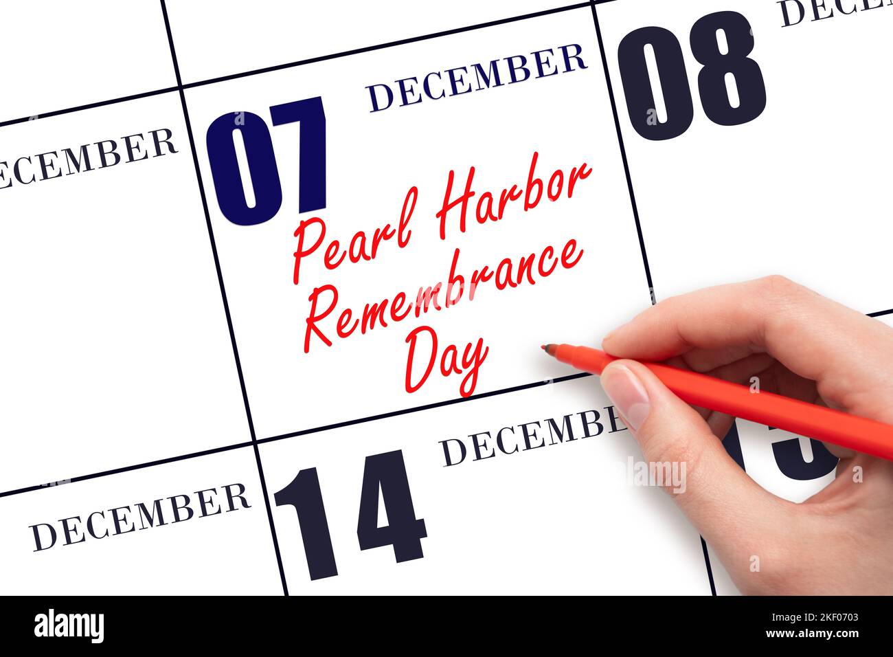 Dezember 7.. Text in der Hand Pearl Harbor Remembrance Day am Kalenderdatum. Speichern Sie das Datum. Urlaub. Tag des Jahres Konzept. Stockfoto