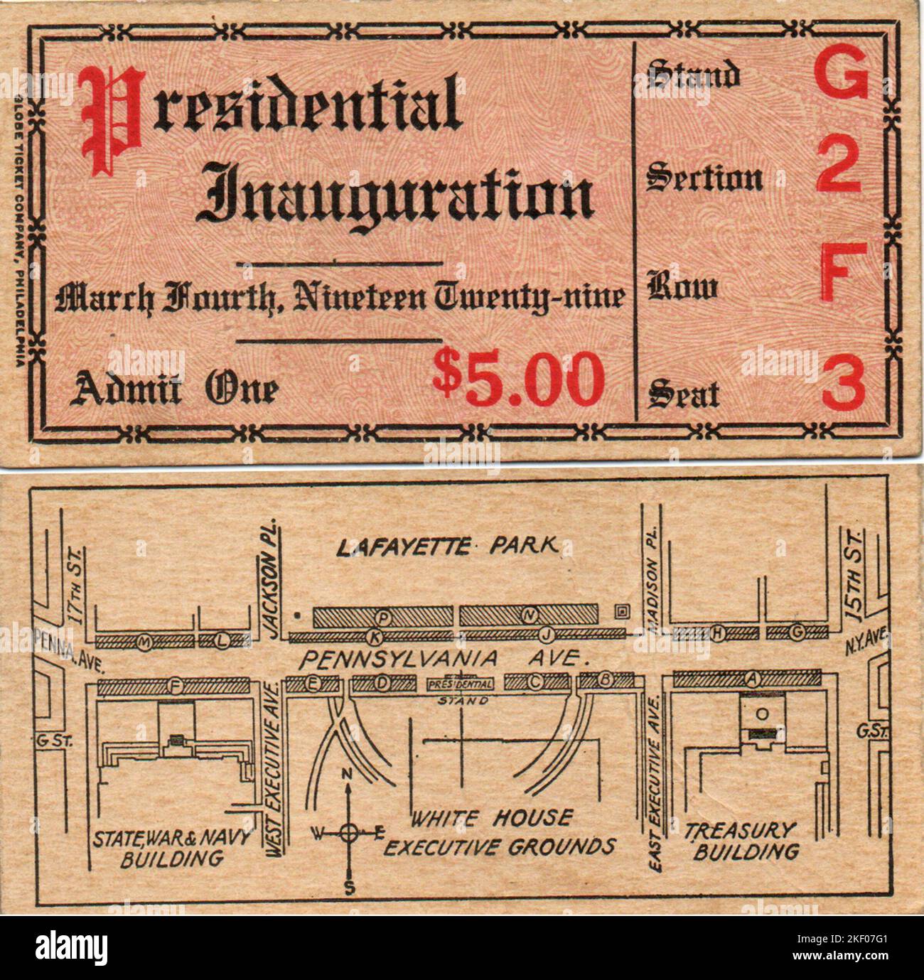 Ein Ticket für die Eröffnungsparade für Präsident Herbert Hoover Stockfoto