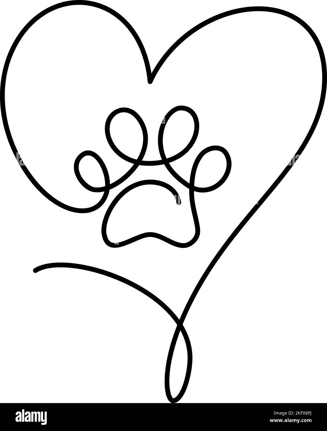 Katze oder Hund Pfote mit großem Herzen in kontinuierliche einzeilige Zeichnung Logo. Minimal Line Art. Tierdruck im Rahmen. PET Love-Konzept Stock Vektor