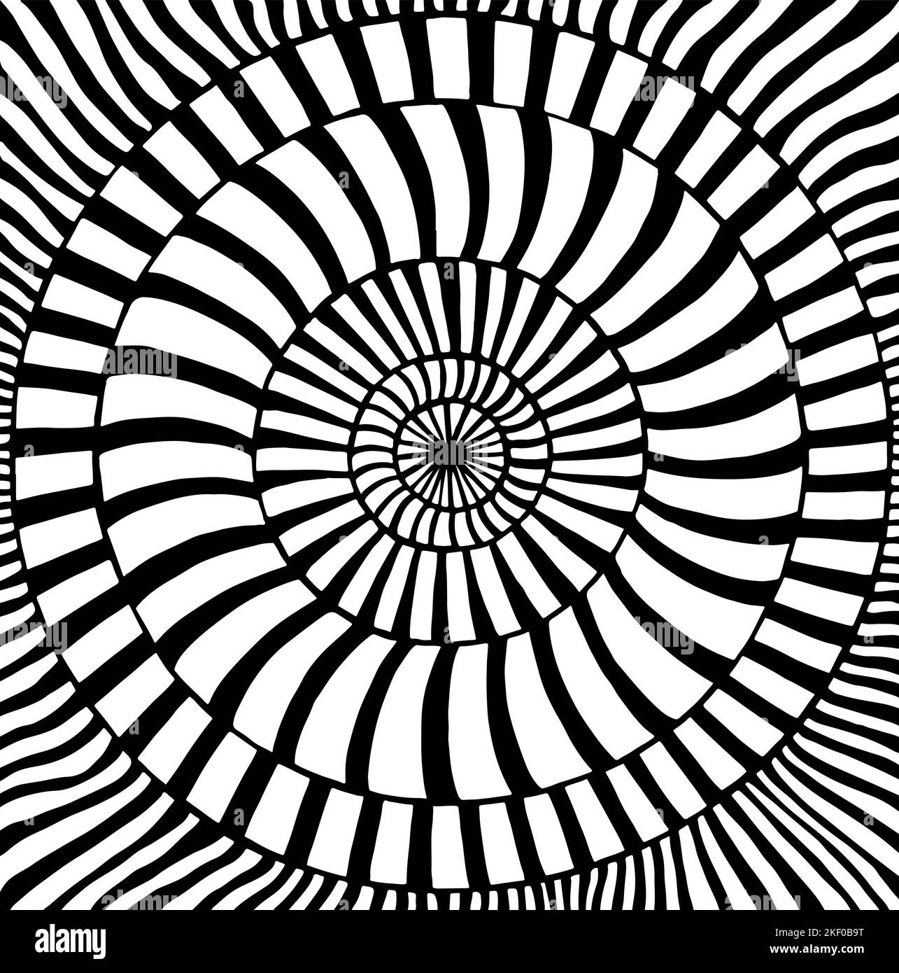 Schwarz-weiß hipnotische optische Illusion abstraktes Muster mit vielen Kreisen und Streifen Linie Hintergrund. Dekorative Malvorlagen für Kinder und Erwachsene. Stock Vektor