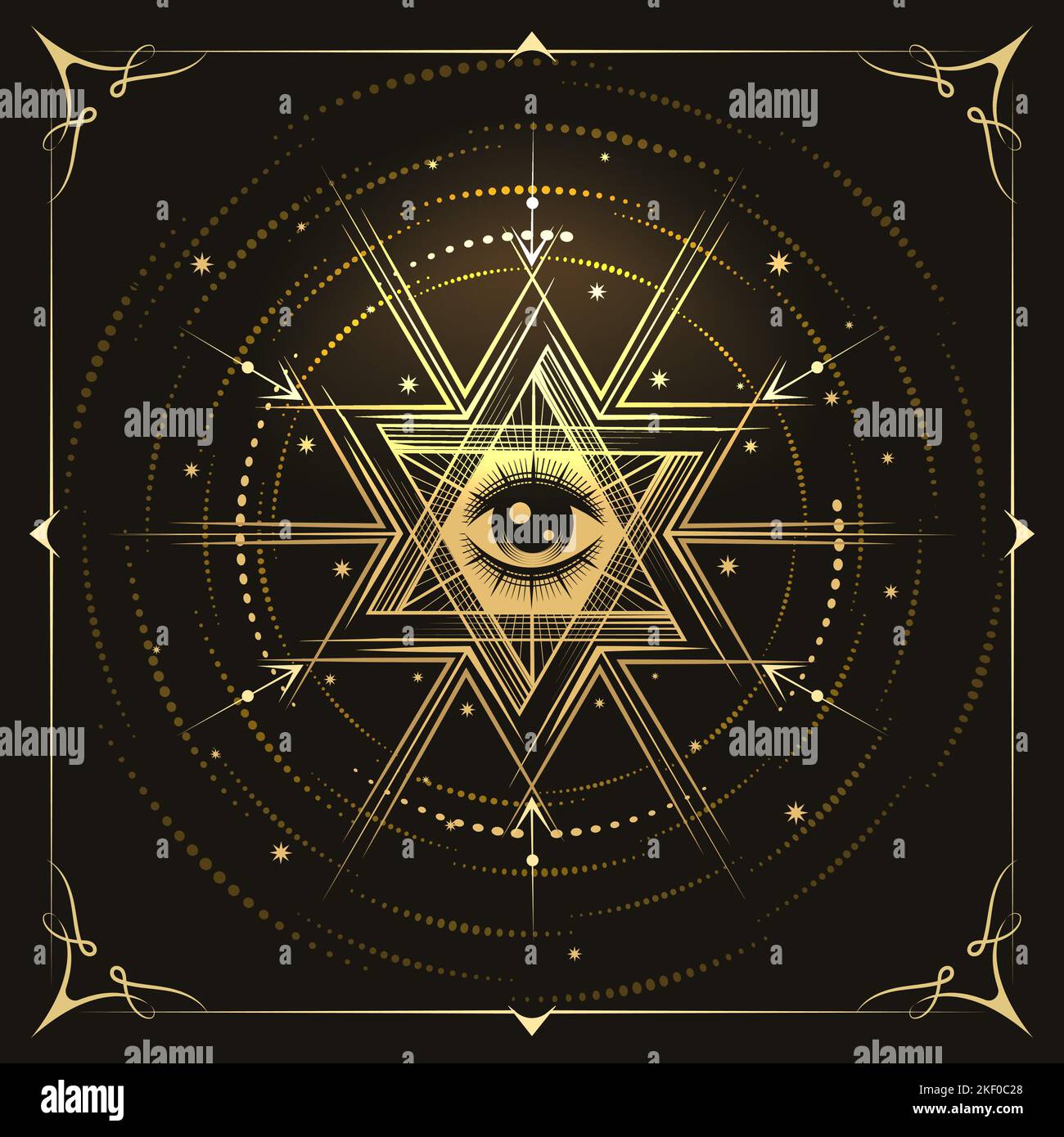 Freimaurer-Symbol Alle Sehenden Augen Esoterisches Emblem. Vektorgrafik auf schwarzem Hintergrund. Stock Vektor