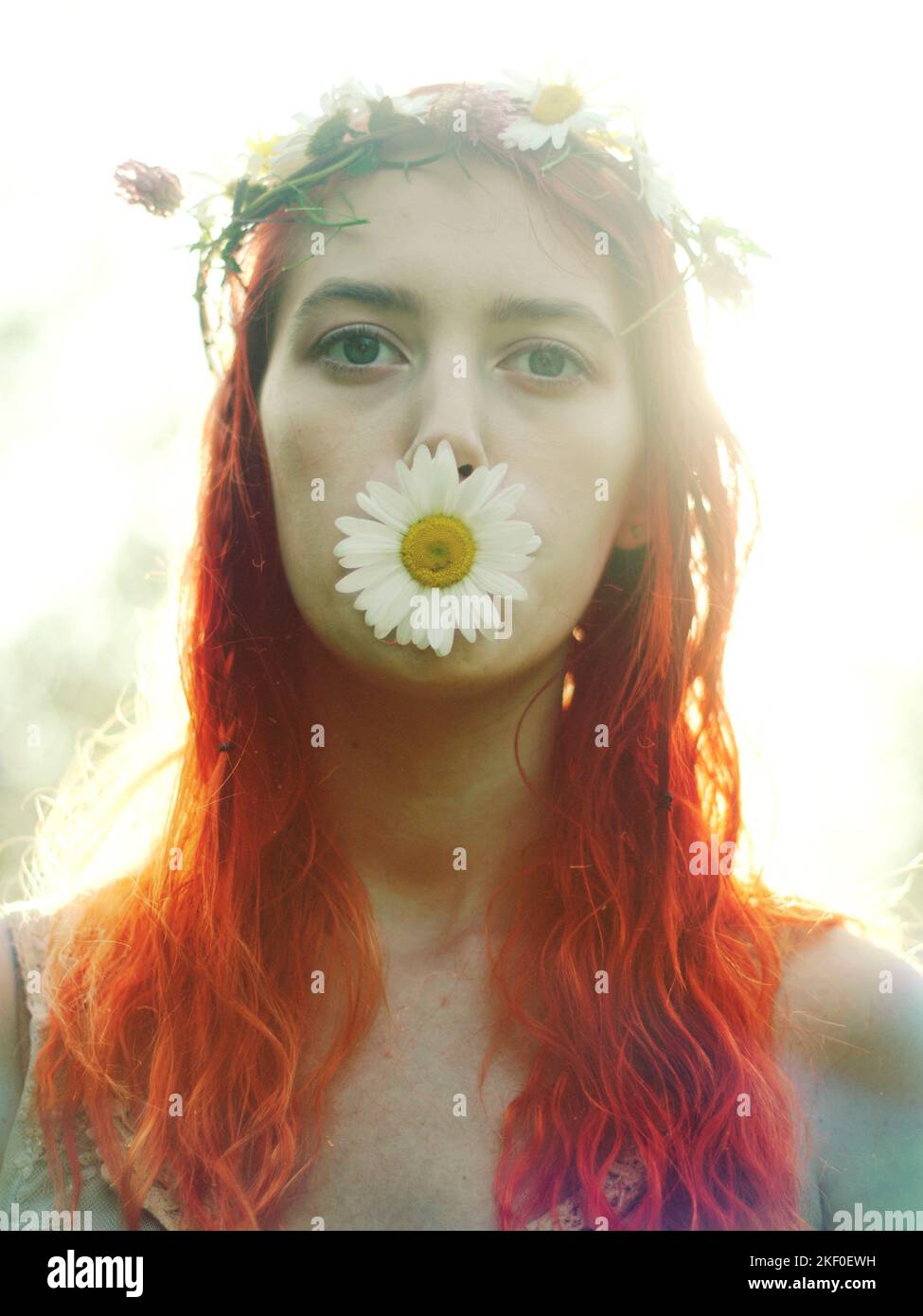 Junge Frau mit einer Blumenkrone und einer Gänseblümchen, die ihren Mund im Sonnenschein bedeckt Stockfoto