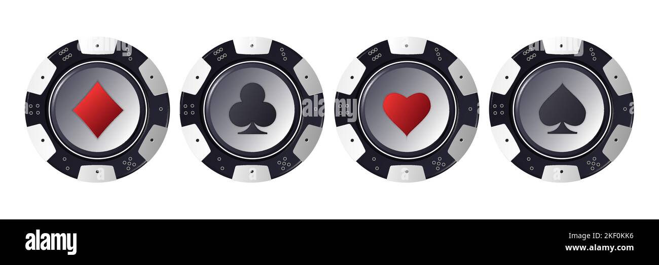 Set von schwarz weißen Poker-Chips. Token mit Symbolen von Diamanten, Schlägern, Herzen und Pik auf weißem Hintergrund Draufsicht. Vektorchips Icon-Design für c Stock Vektor