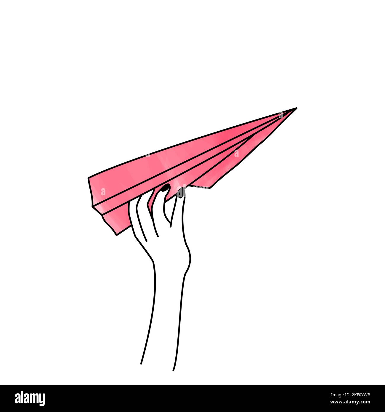 Stilvolle minimalistische Mode-Ikone für soziale Netzwerke, Website, Highlights. Lineare Abbildung mit der Hand startendem Papierflugzeug. Weibliche Comic-Hand mit einem b Stock Vektor