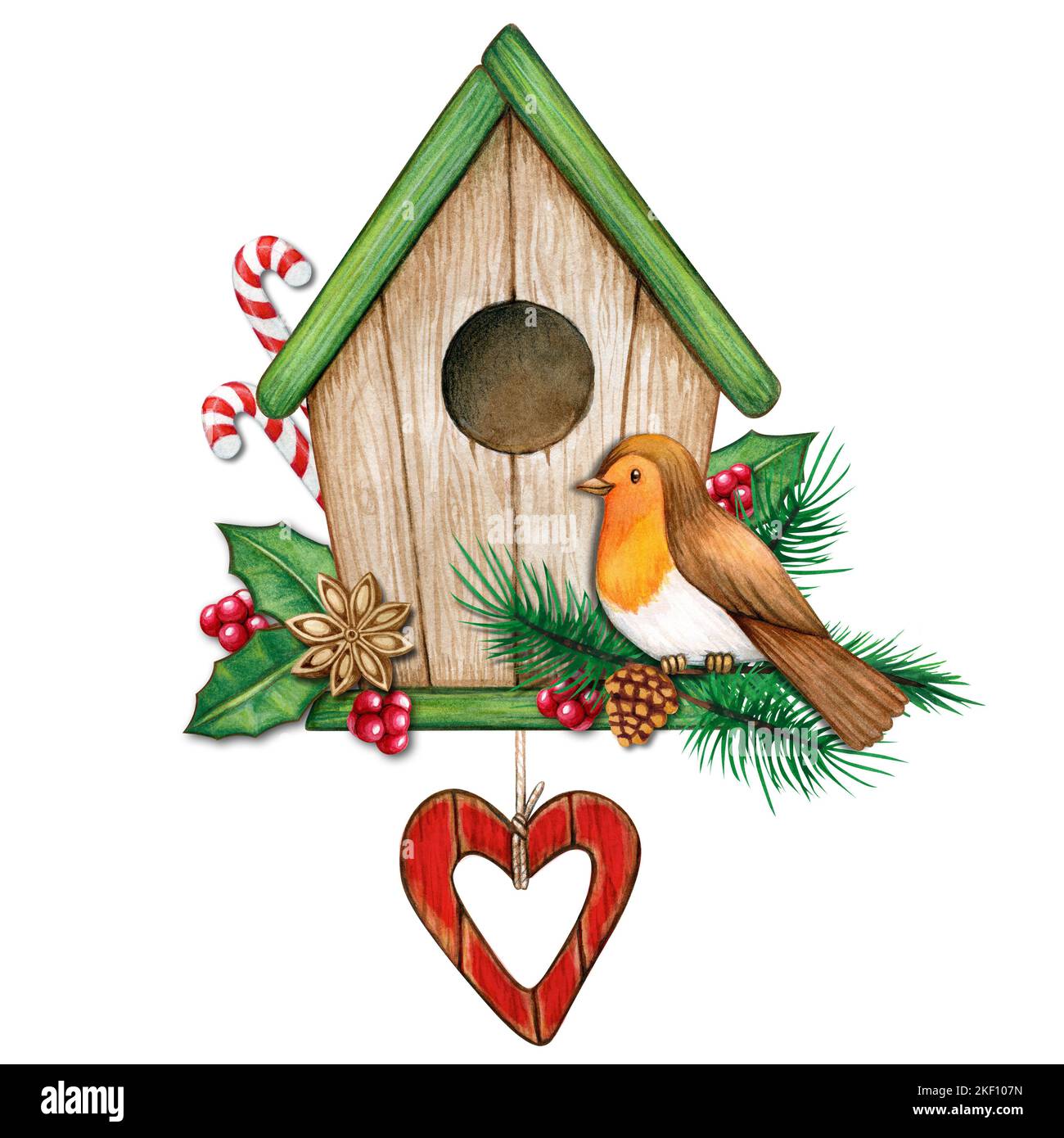 Ein europäischer Rotkehlchen, der auf einem hölzernen Vogelhaus mit Weihnachtsdekorationen thront Stockfoto