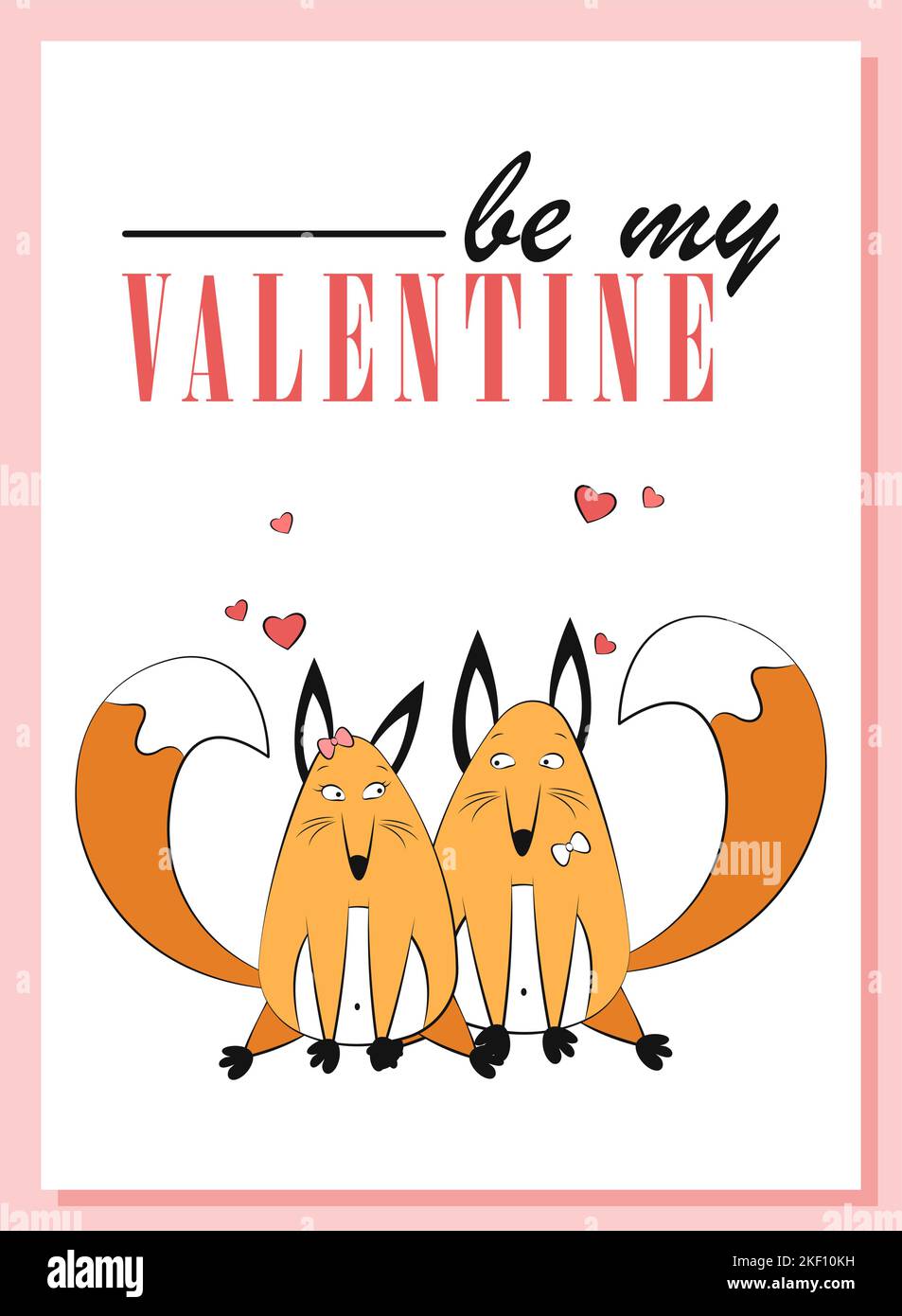 Geschenkkartendesign zum Valentinstag. Lustige handgezeichnete Füchse in der Liebe. Romantische Postkarte mit rosa Herzen. Kreatives Urlaubsdesign Februar 14. Wunderschön Stock Vektor