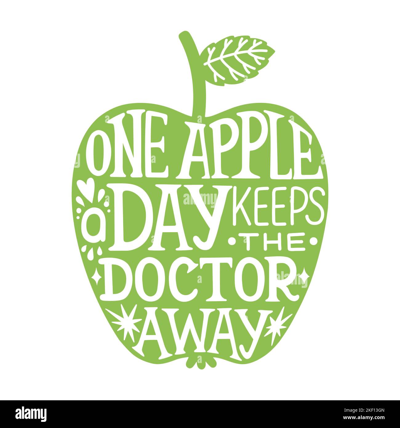 Ein Apfel am Tag hält den Arzt fern, handskizzierter Schriftzug Typografie-Slogan. Abbildung des grünen Apfels Stock Vektor