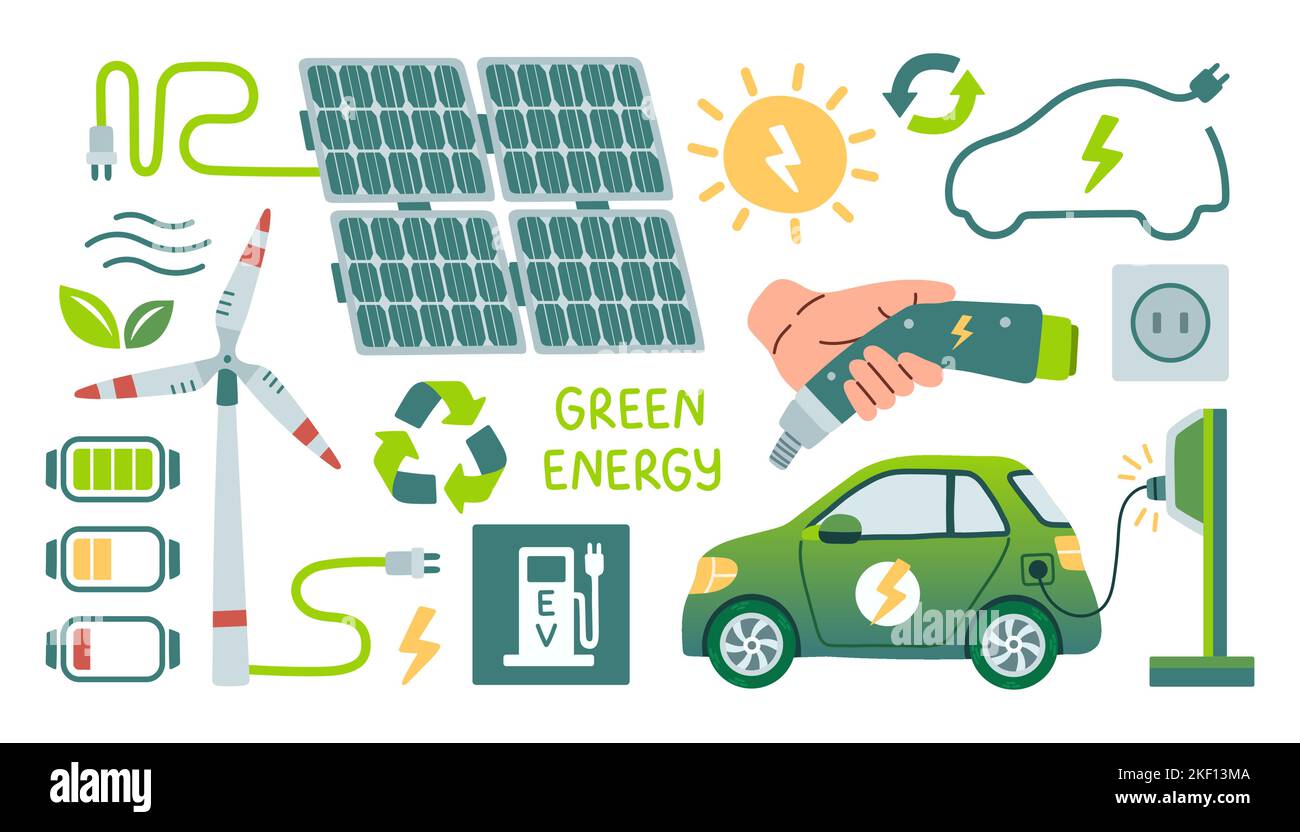 Grüne Energie-Set isoliert auf weißem Hintergrund, Windgenerator und Solarbatterie, grüne Energie, Elektroauto und Laden Stock Vektor