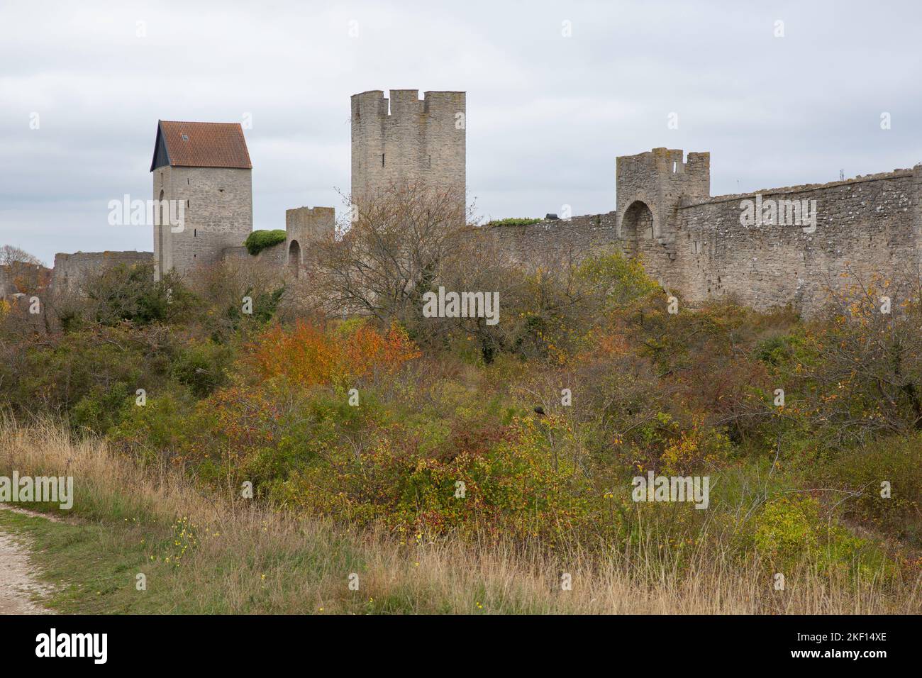 Teil der mittelalterlichen Mauer, die die Stadt Visby auf der Insel Gotland, Schweden, umgibt Stockfoto