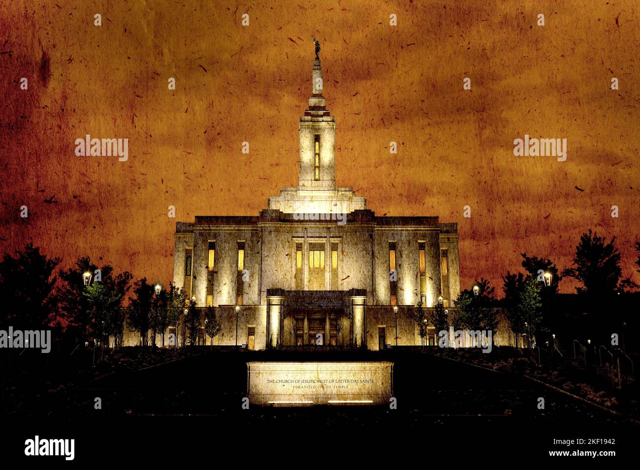 Pocatello Idaho LDS Temple Building Mormon Church of Jesus Christ sakrale religiöse Religion Building morgendlicher Sonnenaufgang altmodische Fotografie Stockfoto