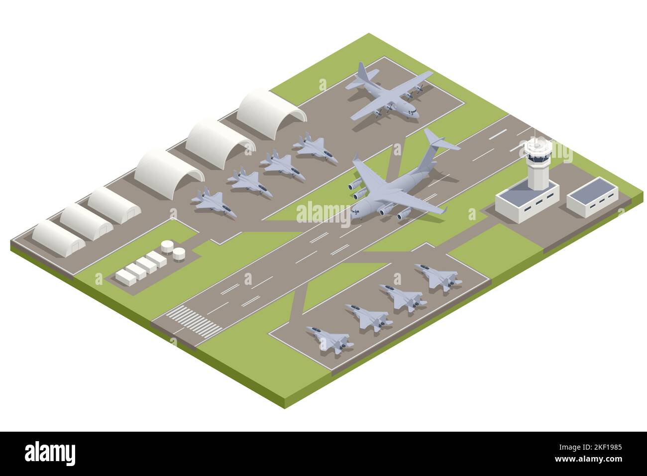 Isometrische militärische Kampfjet-Flugzeuge, große militärische Transportflugzeug, geparkt. Militärische Luftwaffe Basis Armee Einrichtungen mit Hangars Stock Vektor