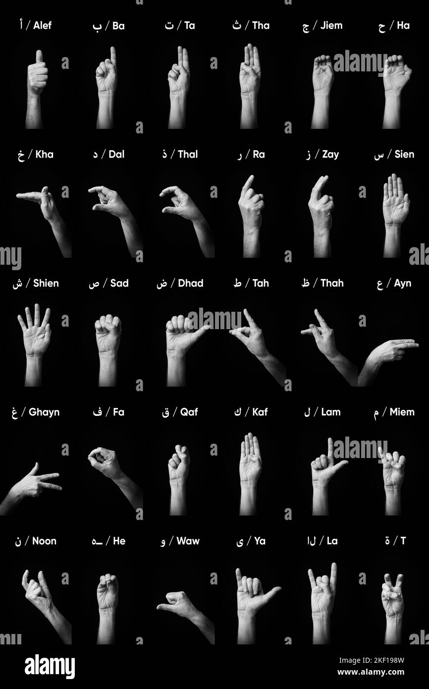 Dramatisches Schwarzweißbild männlicher Hände, das die Fingerbuchstabierung des Vollalphabeten in arabischer Gebärdensprache mit Textbeschreibung zeigt Stockfoto