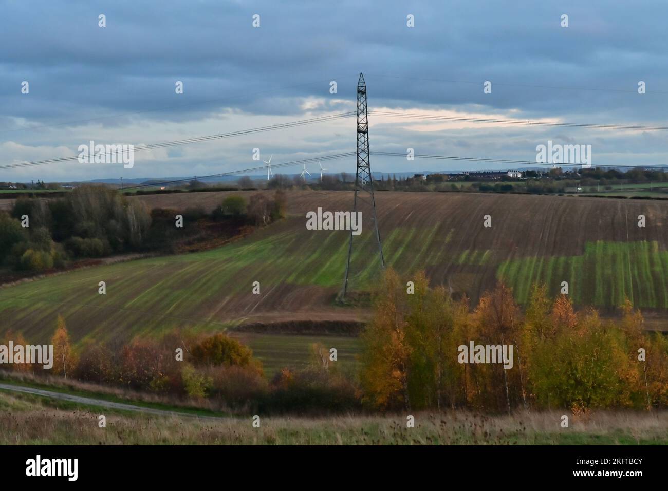 Royston, Barnsley, South Yorkshire, Großbritannien, 15.. November 2022, Wetter. Starker Regen, der eine Dämmerung über Bäumen in herbstlichen Farben, einen National Grid Pylon und weit entfernte Windturbinen auslöscht. Paul Biggins/Alamy Live News Stockfoto