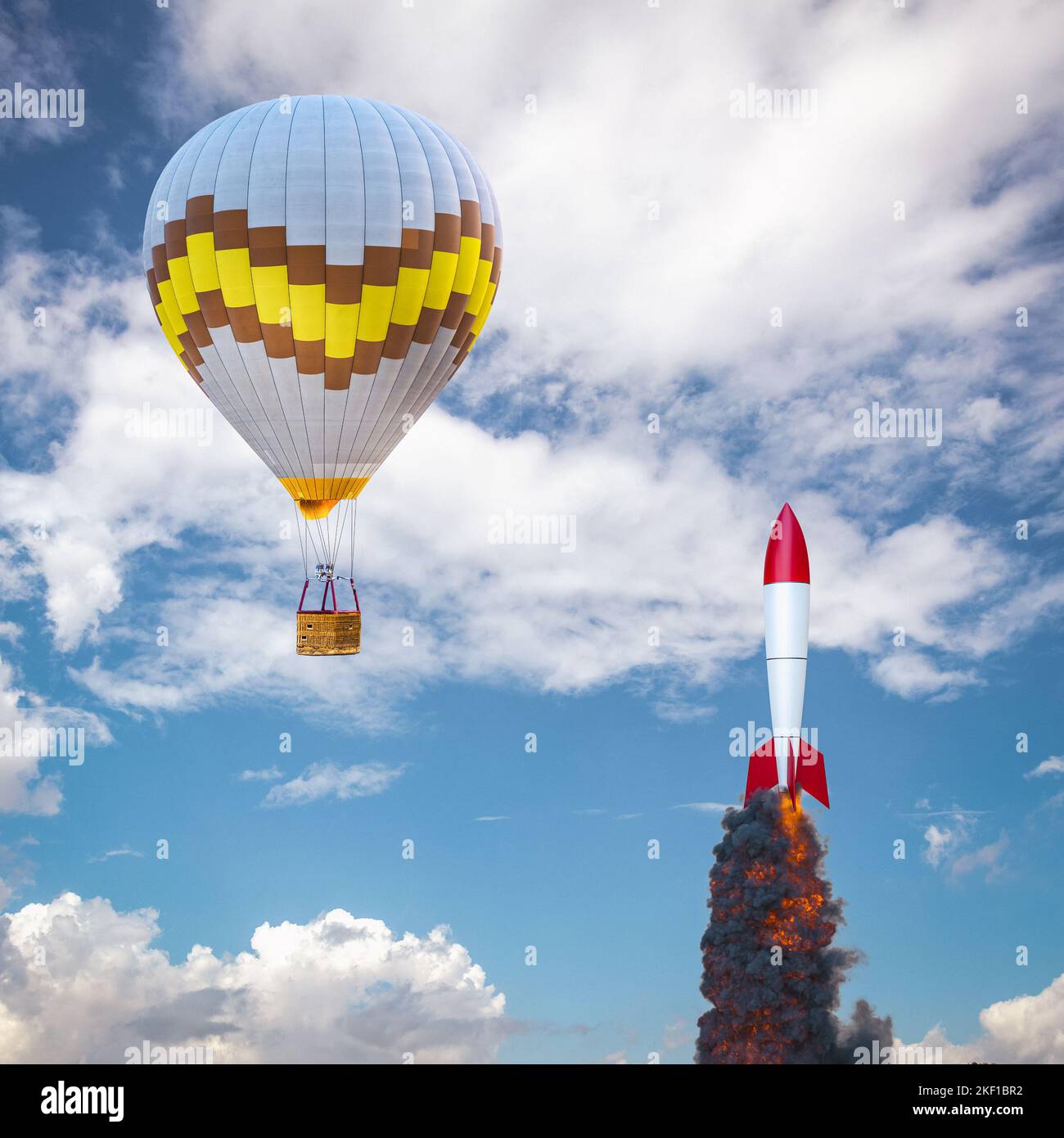 Luftballon und Rakete mit Rauch. 3D Rendern Stockfoto