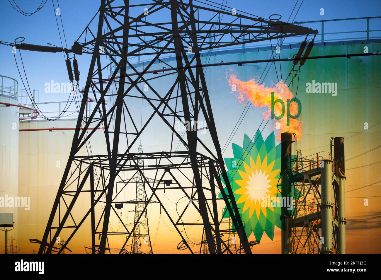 BP-Öl, Kraftstofflagertanks. Konzept, Windfallsteuer, Nordsee Gas/Öl, erneuerbare Energien, Klimawandel, Netto Null 2050, Ölindustrie profitiert... Stockfoto
