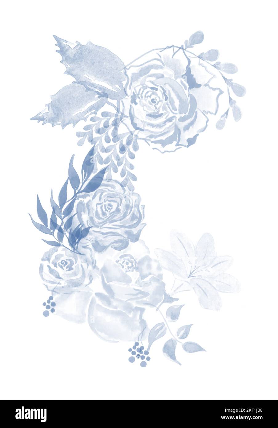 Ein vertikaler weißer Hintergrund mit Aquarell-Rosenmustern Stockfoto