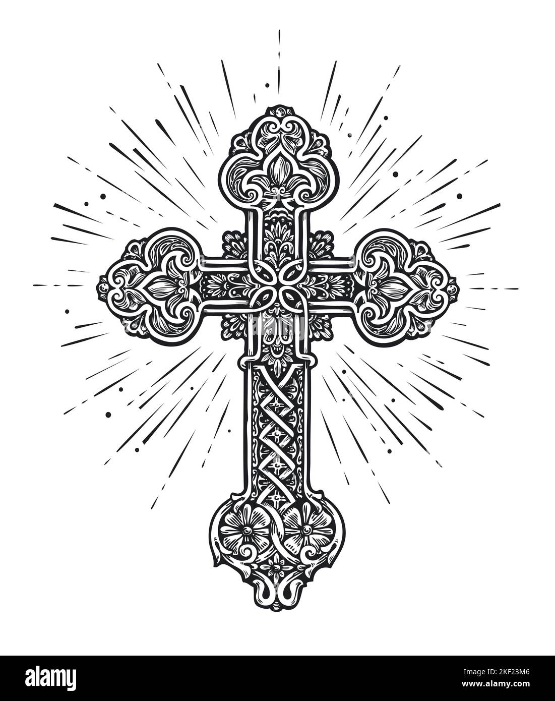 Verzierte Christliche Kreuz. Kirche, Glaube an Gott, Christentum Religion Symbol. Illustration im Vintage-Gravurstil Stock Vektor