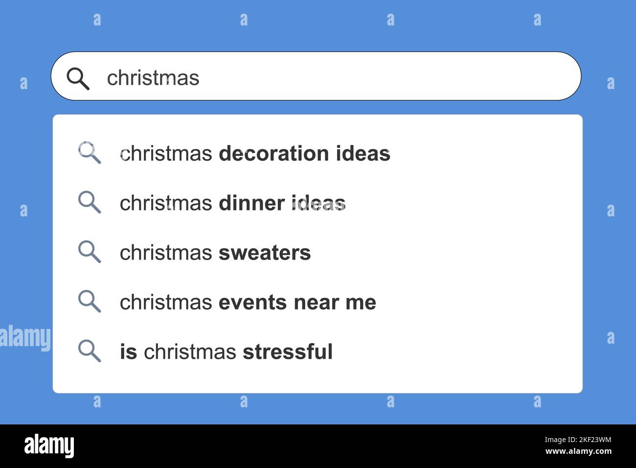 Weihnachten Themen Suchergebnisse. Weihnachten Online-Suchmaschine autocomplete Vorschläge. Stock Vektor