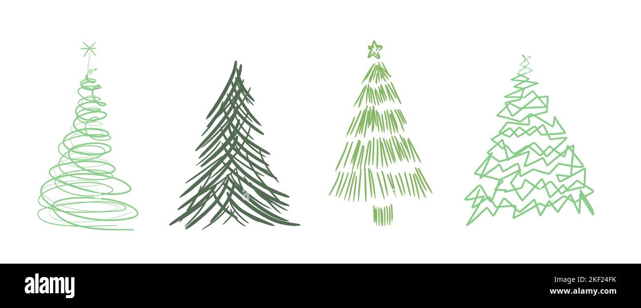 Weihnachtsbaum Doodle Illustration Set. Handgezeichnete Weihnachtsbäume. Funky, seltsam und exzentrisch Weihnachtsbaum Zeichnung Sammlung. Stock Vektor