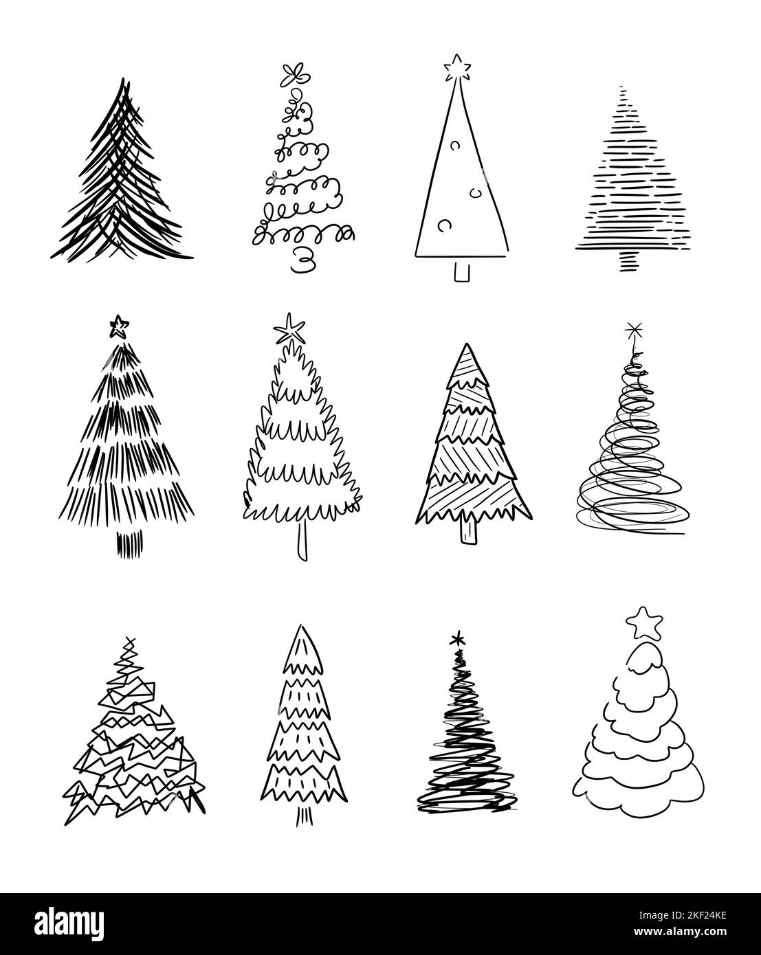 Handgezeichneter Weihnachtsbaum Doodle Illustration Set. Funky, seltsam und exzentrisch Weihnachtsbaum Zeichnung Sammlung. Stock Vektor