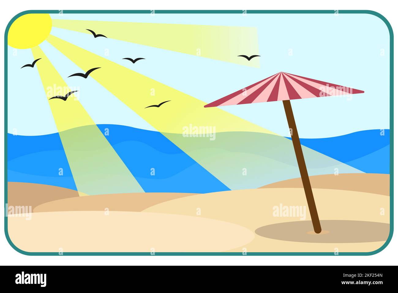 Vektor Cartoon-Stil Hintergrund der Küste. Guten sonnigen Tag. Liegestuhl und Sonnenschirm an der Sandküste. Stock Vektor