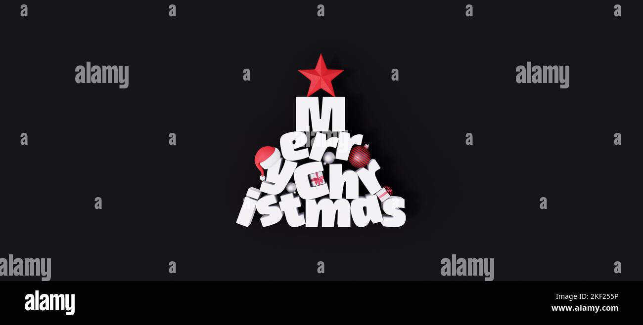 Grußkarte mit Weihnachtsbaum aus Buchstaben auf schwarzem Hintergrund 3D Render 3D Abbildung Stockfoto