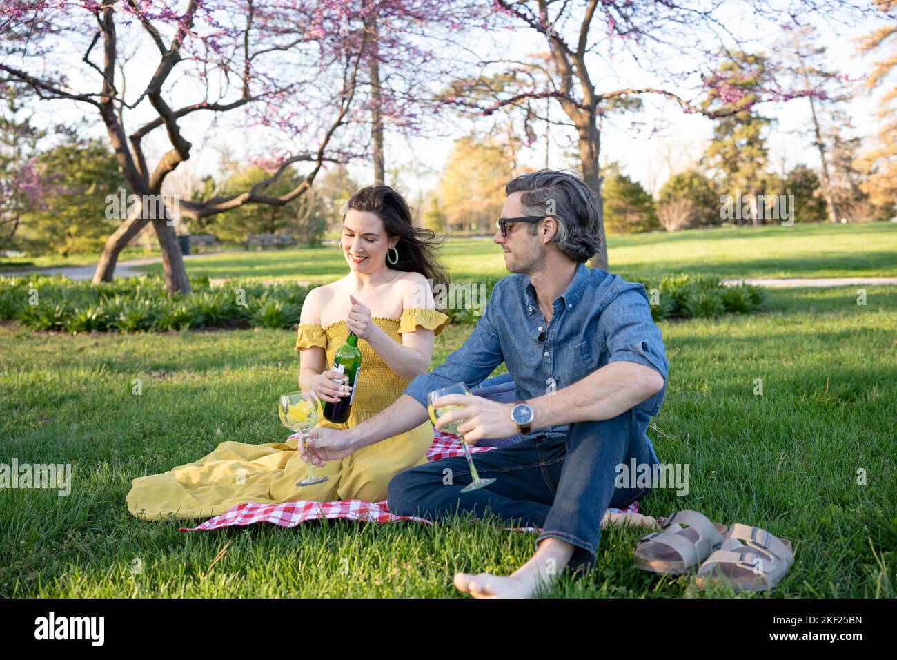 Ein Paar auf einer karierten Picknickdecke im Forest Park mit einer Flasche Wein und roten Knospenbäumen dahinter. Stockfoto