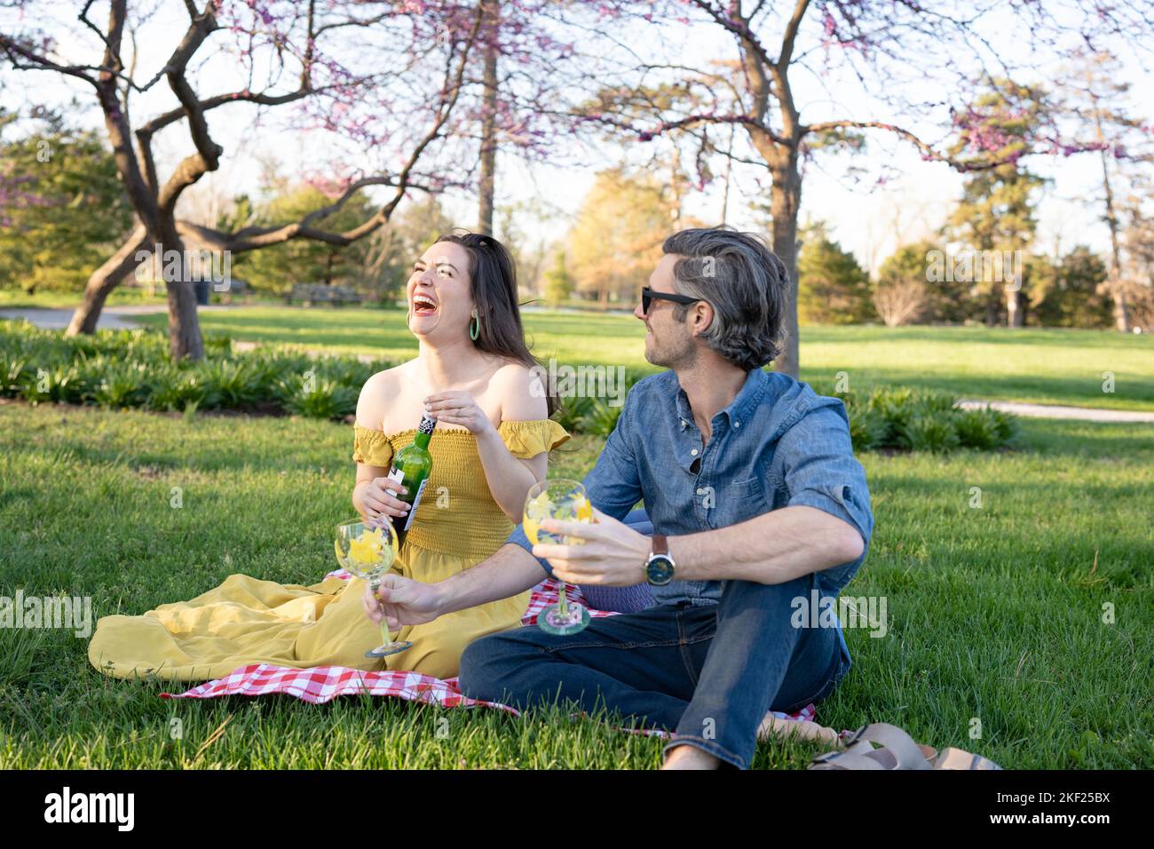 Ein Paar auf einer karierten Picknickdecke im Forest Park mit einer Flasche Wein und roten Knospenbäumen dahinter. Stockfoto