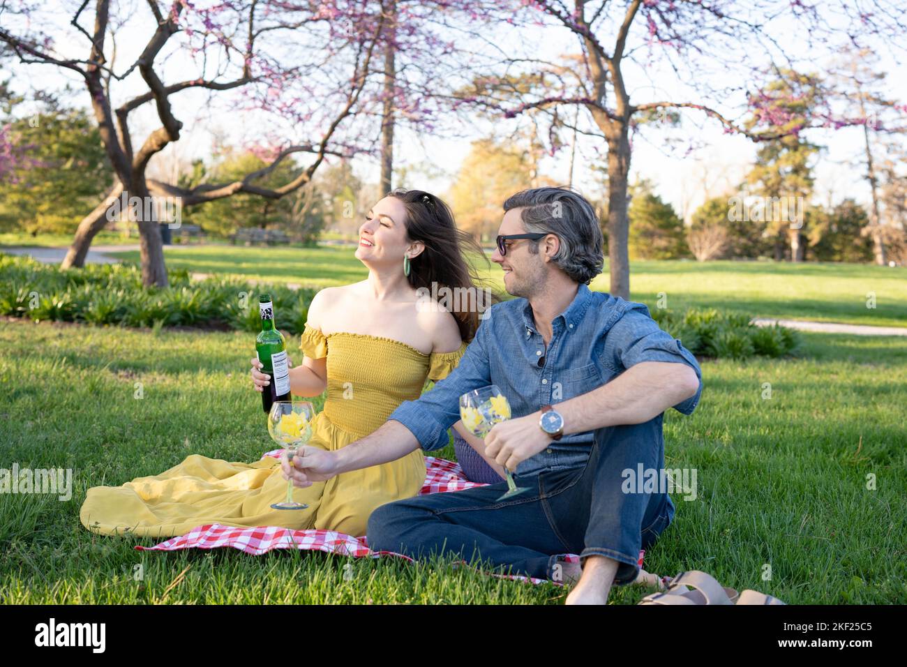 Ein Paar auf einer karierten Picknickdecke im Forest Park mit einer Flasche Wein und roten Knospenbäumen dahinter. Stockfoto