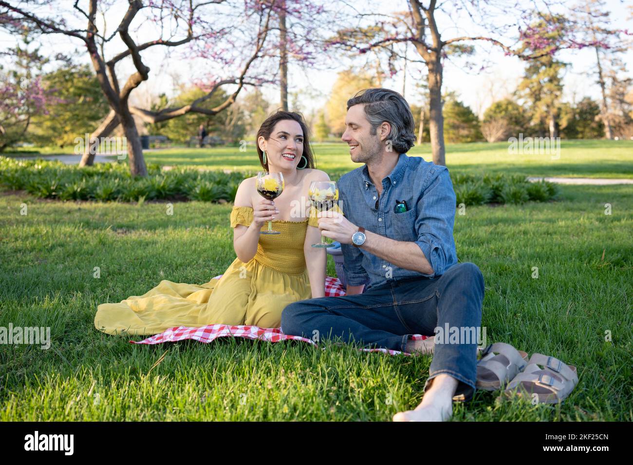 Ein Paar auf einer karierten Picknickdecke im Forest Park mit einer Flasche Wein und roten Knospenbäumen dahinter. Stockfoto
