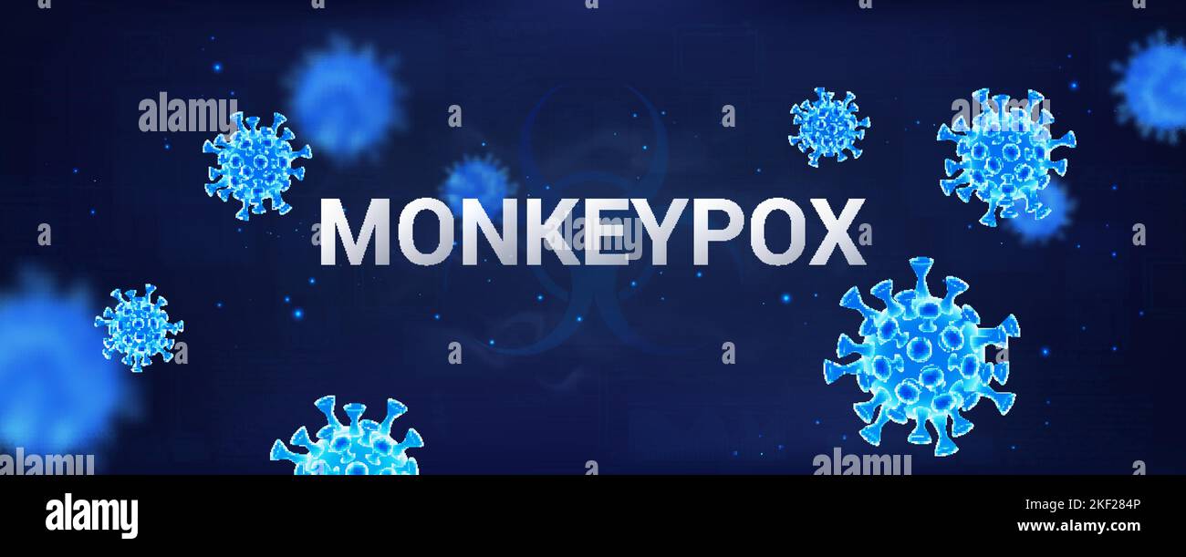 Infektion Monkeypox-Virus im Jahr 2022. Healthcare-Banner mit 3D Bakterien Stock Vektor