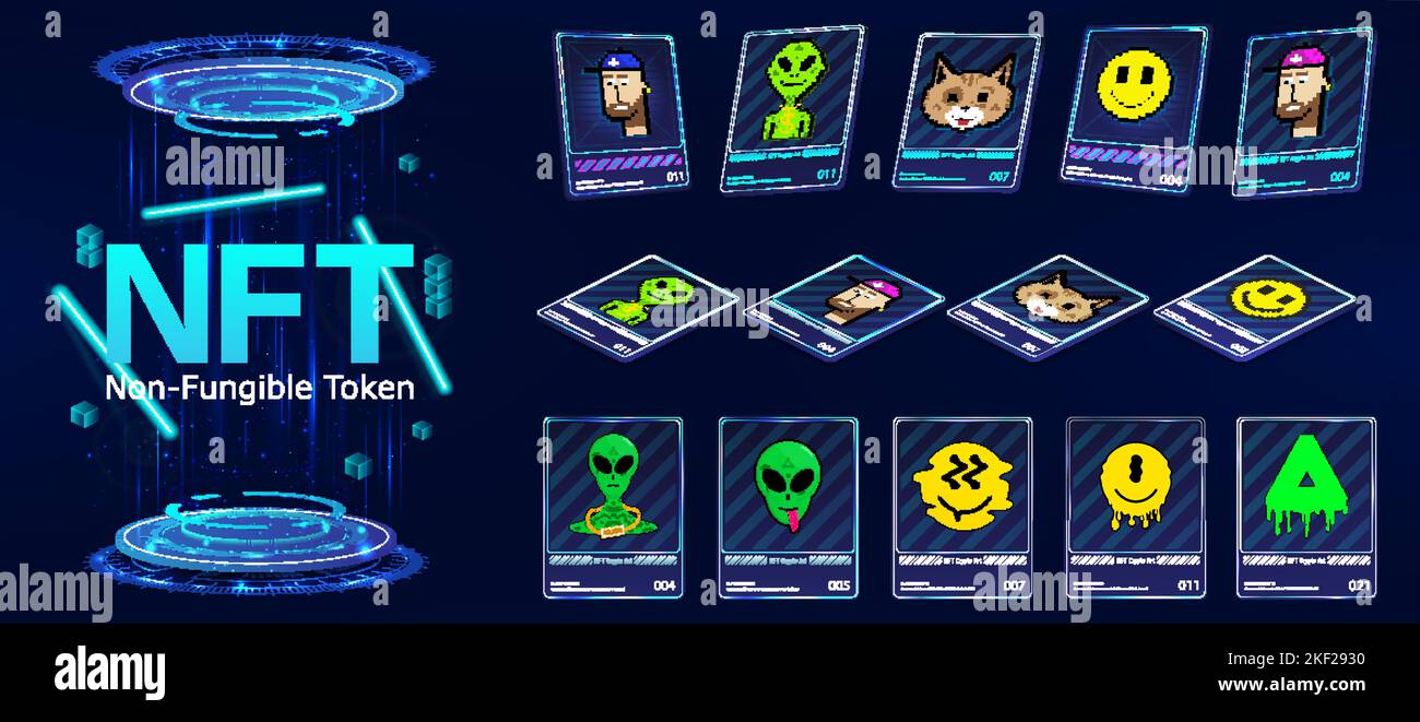 3D Token-NFT-Karten in Krypto-Artwork. 3D Pixel Kunst Stock Vektor