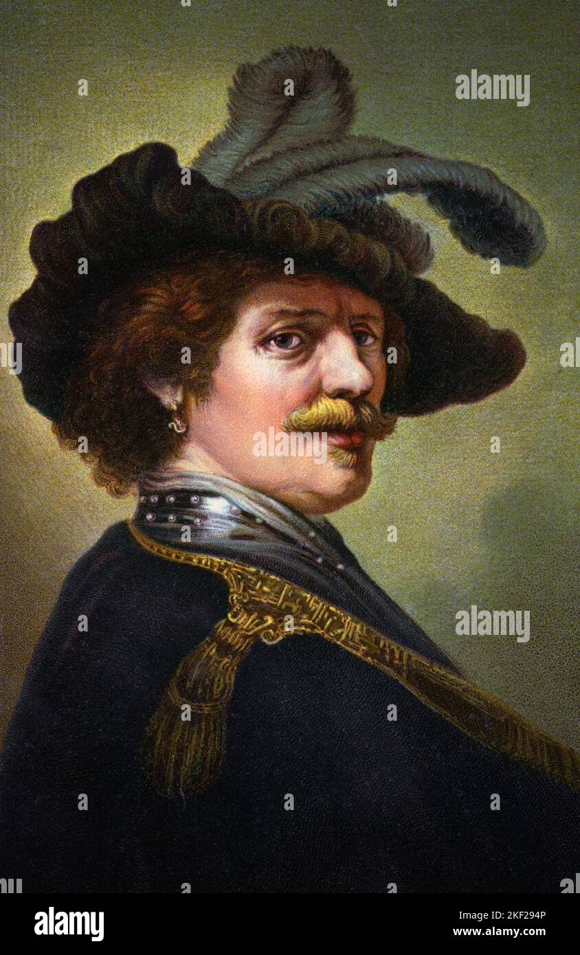 1630S SELBSTPORTRAIT TRONIE VON REMBRANDT ALS OFFIZIER MIT GROSSEM GEFIEDERTEN HUT GORGET UND GOLDENEM SCHULTERTUCH UND ÖL AUF HOLZPLATTE - KA9434 HAR001 HARS SCHNURRBÄRTE UND TRIMMEN ÜBER DER SCHULTER GESICHTSHAAR BERUFE DERIVAT PHANTASIE POSTKARTE STILVOLLE KREATIVITÄT EPAULET GEFIEDERTER GORGET MITTELERWACHSENER MANN REMBRANDT 1630S BAROCK KAUKASISCHE ETHNIE NIEDERLÄNDISCH GOLDENES ALTER HAR001 ALTMODISCH Stockfoto
