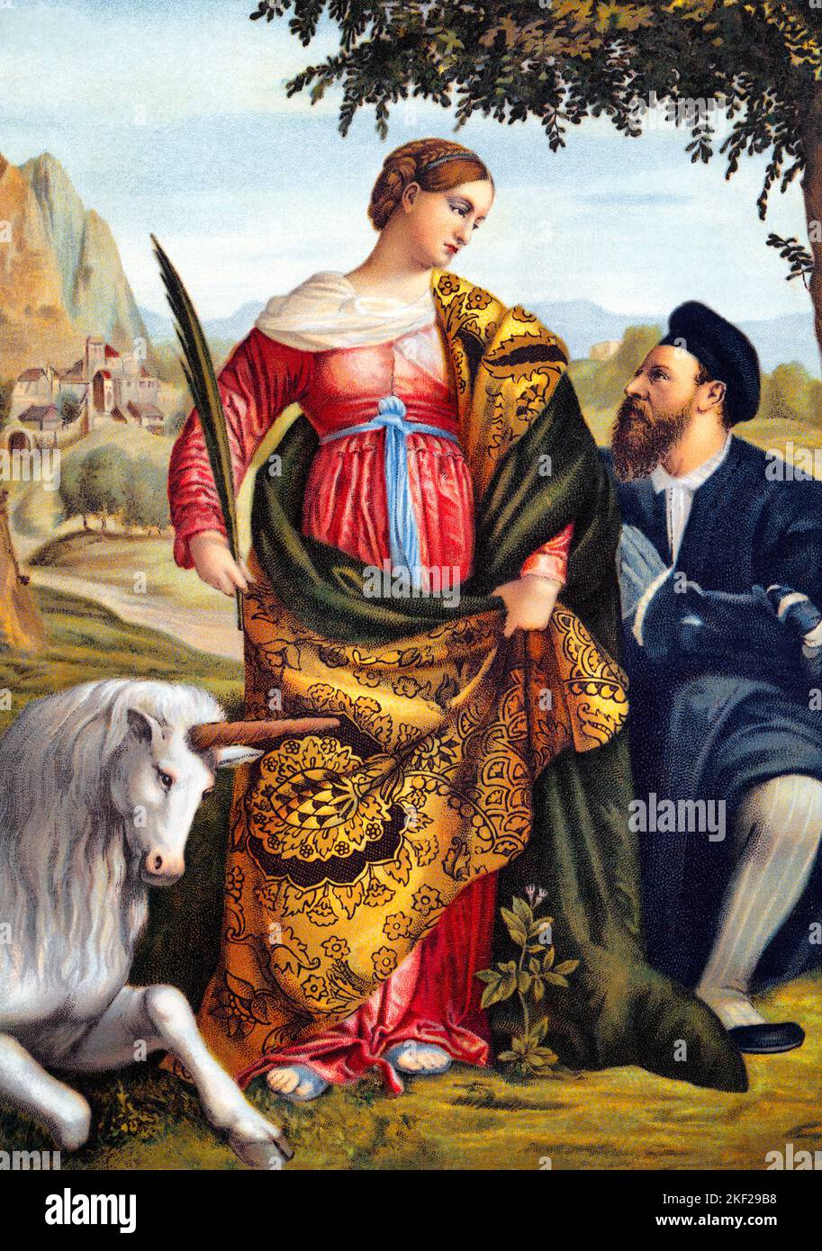 1530S HEILIGE JUSTINA VON PADUA MIT EINEM SPENDER UND EINEM EINHORN VON MORETTO DA BRESCIA - KA9443 HAR001 HARS BRESCIA HAR001 INSPIRIERENDE ALTMODISCHE DARSTELLUNG Stockfoto