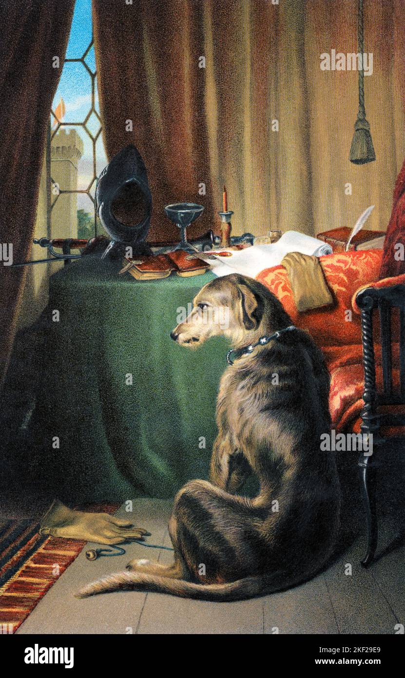 1830S HIGH LIFE VON EDWIN LANDSEER EIN HUND DEERHOUND LEHNT SICH AN SEINEN RITTERLICHEN KNIGHT MASTER’S STUHL IN EINEM KASTELLGEBÄUDE - KA9447 HAR001 HARS OLD FASHIONED Stockfoto