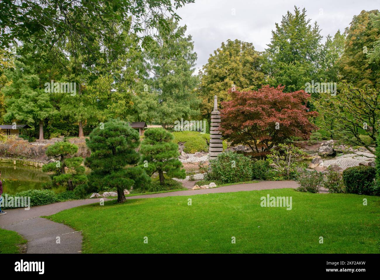 Steinbänke des Teiches und japanischer Ahorn und libanesische Zeder und grüne Graswiese und Reflexionen im Wasser und dem Pavillon in der Ferne Stockfoto