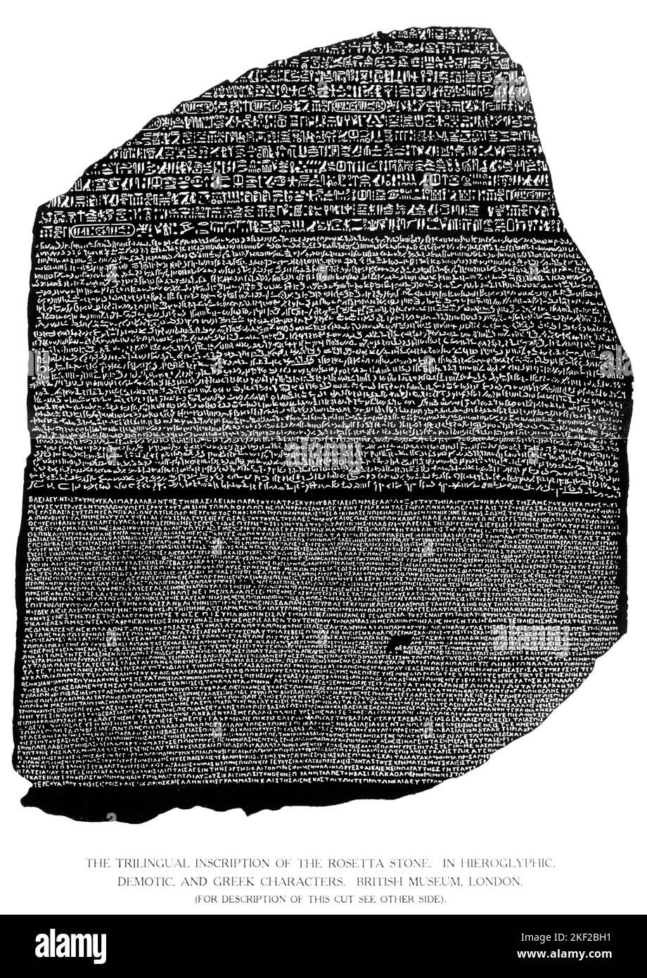 196 V. CHR. ROSETTA STEIN DREISPRACHIGE SCHRIFT IN ÄGYPTISCHER HIEROGLYPHE & DEMOTISCHE UND GRIECHISCHE SCHRIFT ES BLEIBT IM BRITISCHEN MUSEUM - KH13513 NAW001 HARS ALTGRIECHISCHE SPRACHEN NAPOLEONISCHE LÖSUNGEN TEXTE BCE SCHWARZ-WEISSE HIEROGLYPHE ALTHERGEBRACHTE ÜBERRESTE Stockfoto
