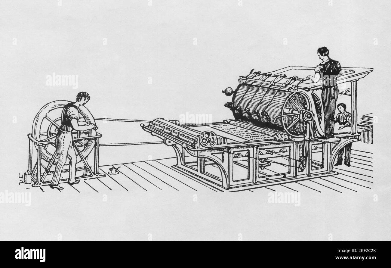 Handbetriebene/handbetriebene Rotationsdruckmaschine aus dem Jahr 1851. Stockfoto