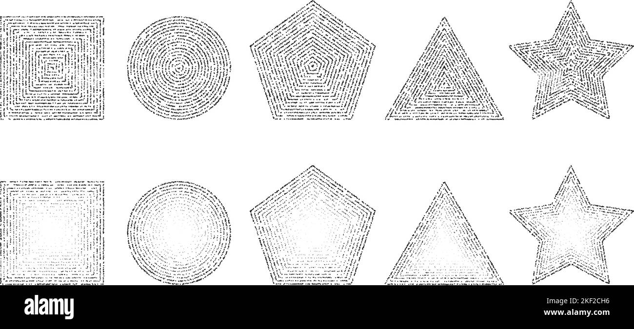 Set aus gepunkteten körnigen Formen. Gestipeltes Quadrat, Kreis, Dreieck, Stern und das quadrat mit Gradienten. Geometrische Formen von Kornrauschen. Stochastische Punktarbeit Stock Vektor