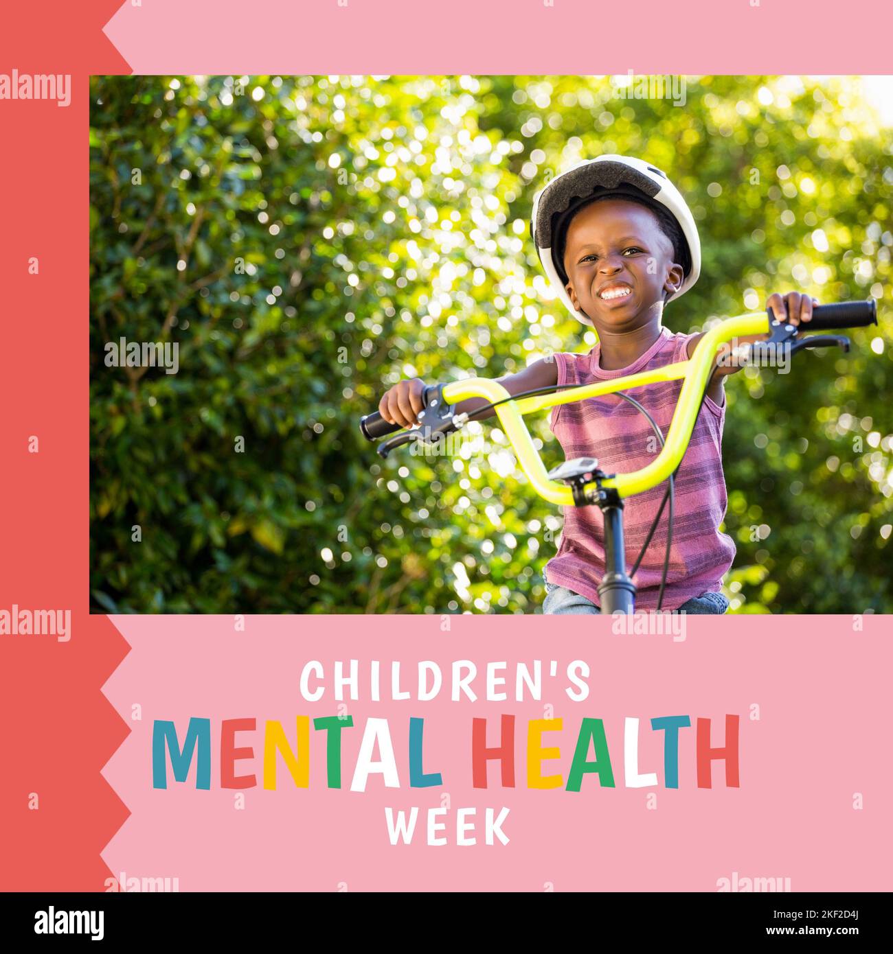 Zusammensetzung der Woche für psychische Gesundheit von Kindern Text und Junge auf dem Fahrrad Stockfoto