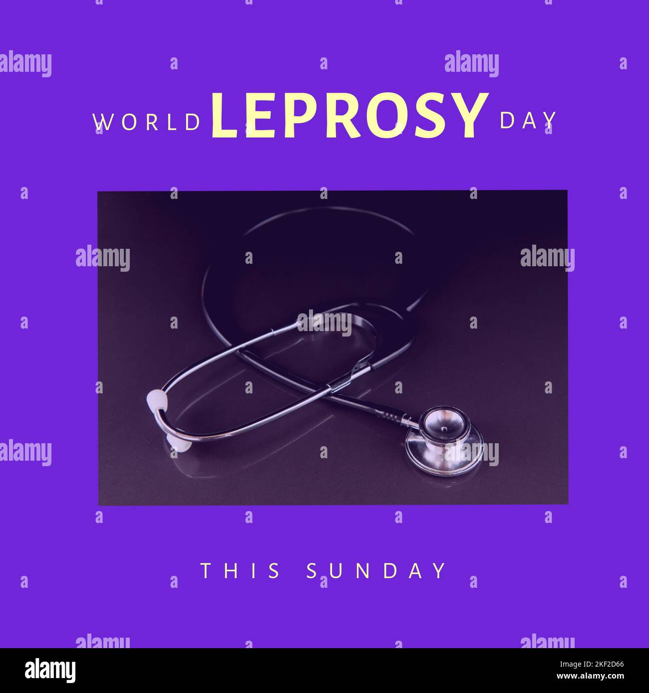 Zur Zusammensetzung des Weltleprosetextes mit Stethoskop und lila Hintergrund Stockfoto