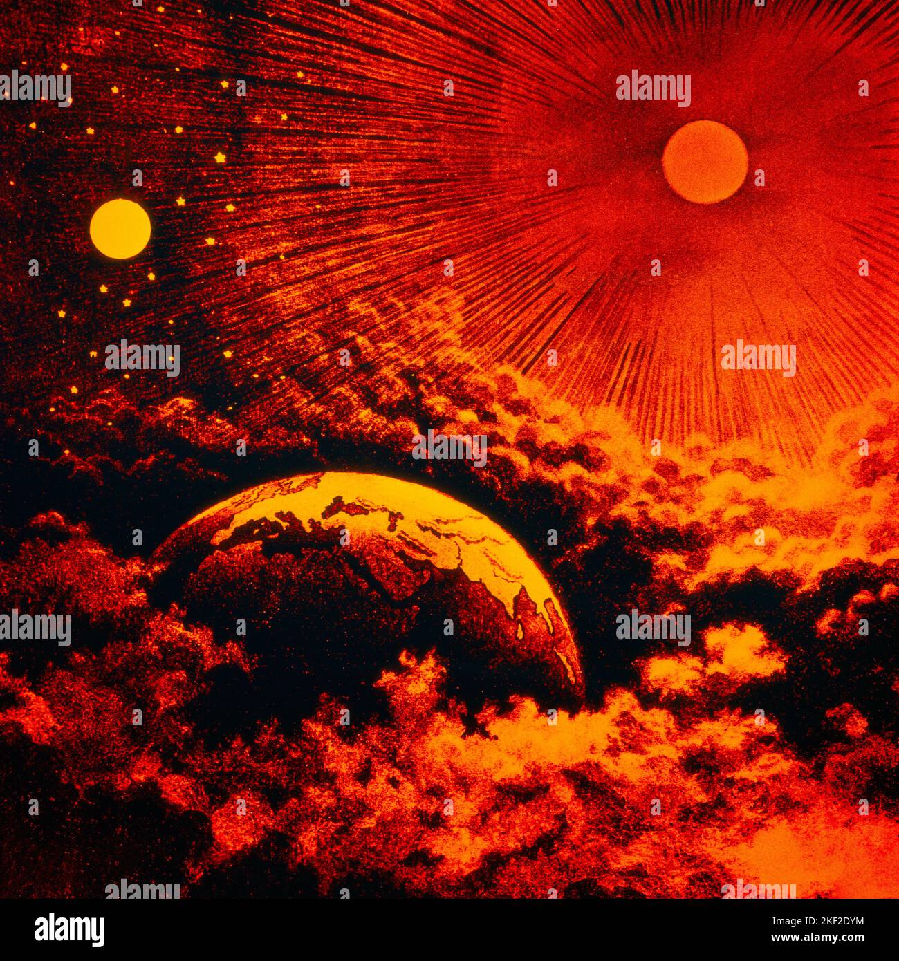 1960S 19TH JAHRHUNDERT ILLUSTRATION DER SCHAFFUNG DER FESTEN KUPPEL FIRMAMENT ERDE SONNE MOND HIMMEL GANZ ÜBER ORANGE FARBE - KP1635 HAR001 HARS ERSTELLT KREATIVITÄT FILTER SO SONNENSYSTEM FEST WÄHREND HAR001 ALTMODISCHEN SYNONYM Stockfoto