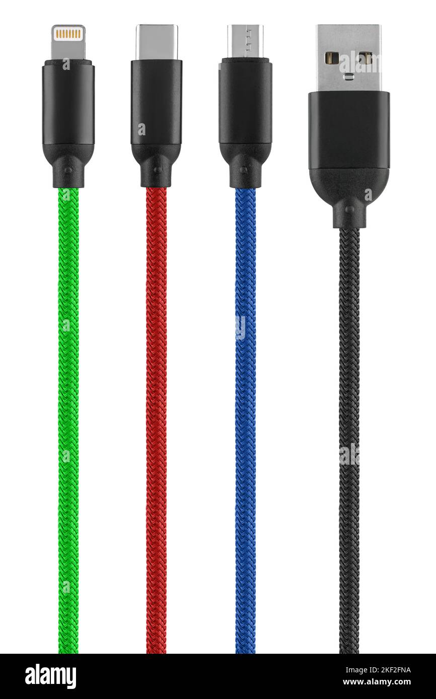 Kabel mit Micro-USB-Lightning-Anschluss Typ C, isoliert auf weißem Hintergrund Stockfoto