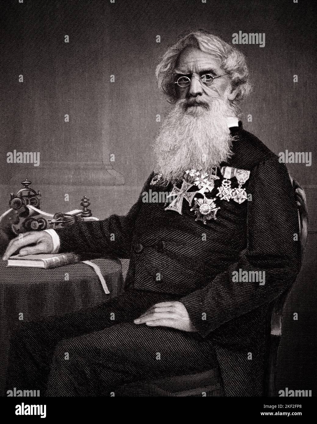 1860S 1866 SAMUEL F B MORSE MALER UND ERFINDER DES MORSE-CODES MIT TELEGRAPH SITZEND STOLZ MEDAILLEN TRAGEN BLICK AUF KAMERA - Q54113 CPC001 HARS UND MEDAILLEN FORTSCHRITT INNOVATION STOLZ 1866 HIGH TECH 1860S STILVOLLE MORSE-CODE-TELEGRAPHIE ÄLTERER MANN ELEKTRONISCHER ERFINDER LÖSUNGEN TELEGRAPH SCHWARZ UND WEISS ALTMODISCH Stockfoto