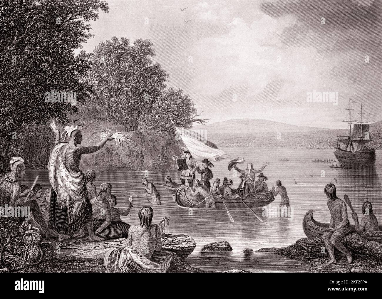 1600S 1609 LANDUNG VON HENRY HUDSON DER HOLLÄNDISCHEN OSTINDIEN-KOMPANIE IM NEUEN BUNDESSTAAT NEW YORK USA - Q53099 CPC001 HARS COMMANDER OR TRADE 1600S HENRY HUDSON NATIVE AMERICANS 1609 BLACK AND WHITE HENRY INDIGENE OLD FASHIONED SEPTEMBER Stockfoto